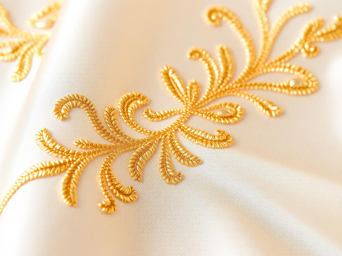 Close-up of gold hand embroidery on ivory silk