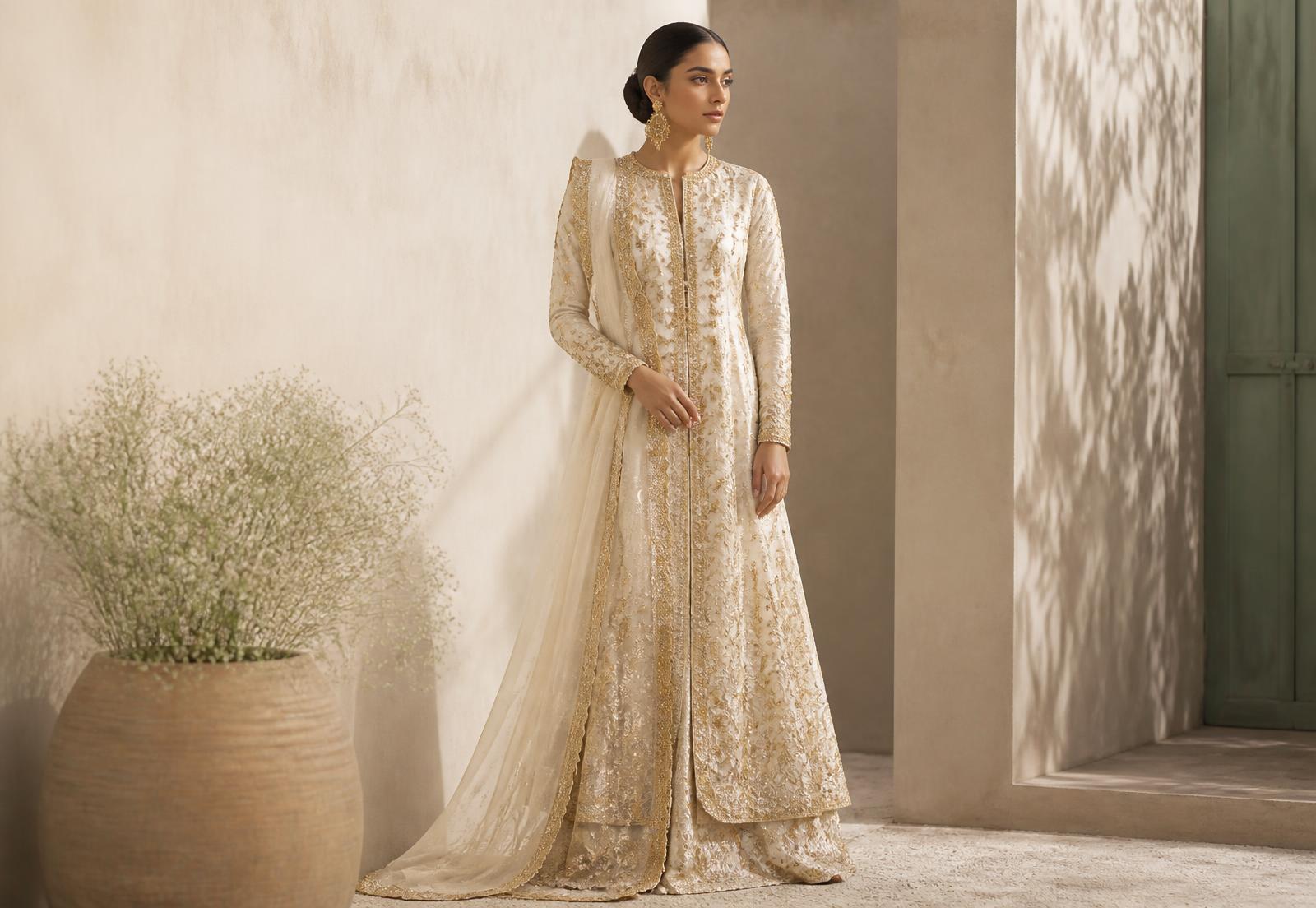 Ivory and gold embroidered Pakistani formal gown